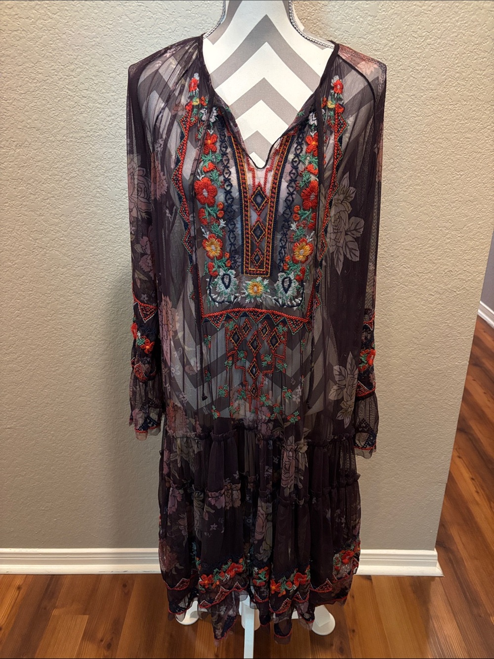 Johnny Was Plum Sheer Embroidered Maxi Dress with Red and Teal Floral Accents
